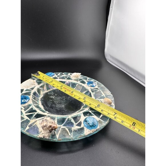 Blue Sea Glass Handmade Shells Cement Trinket Dish OOAK Mosaic 7” Round Pebbles - Picture 4 of 5